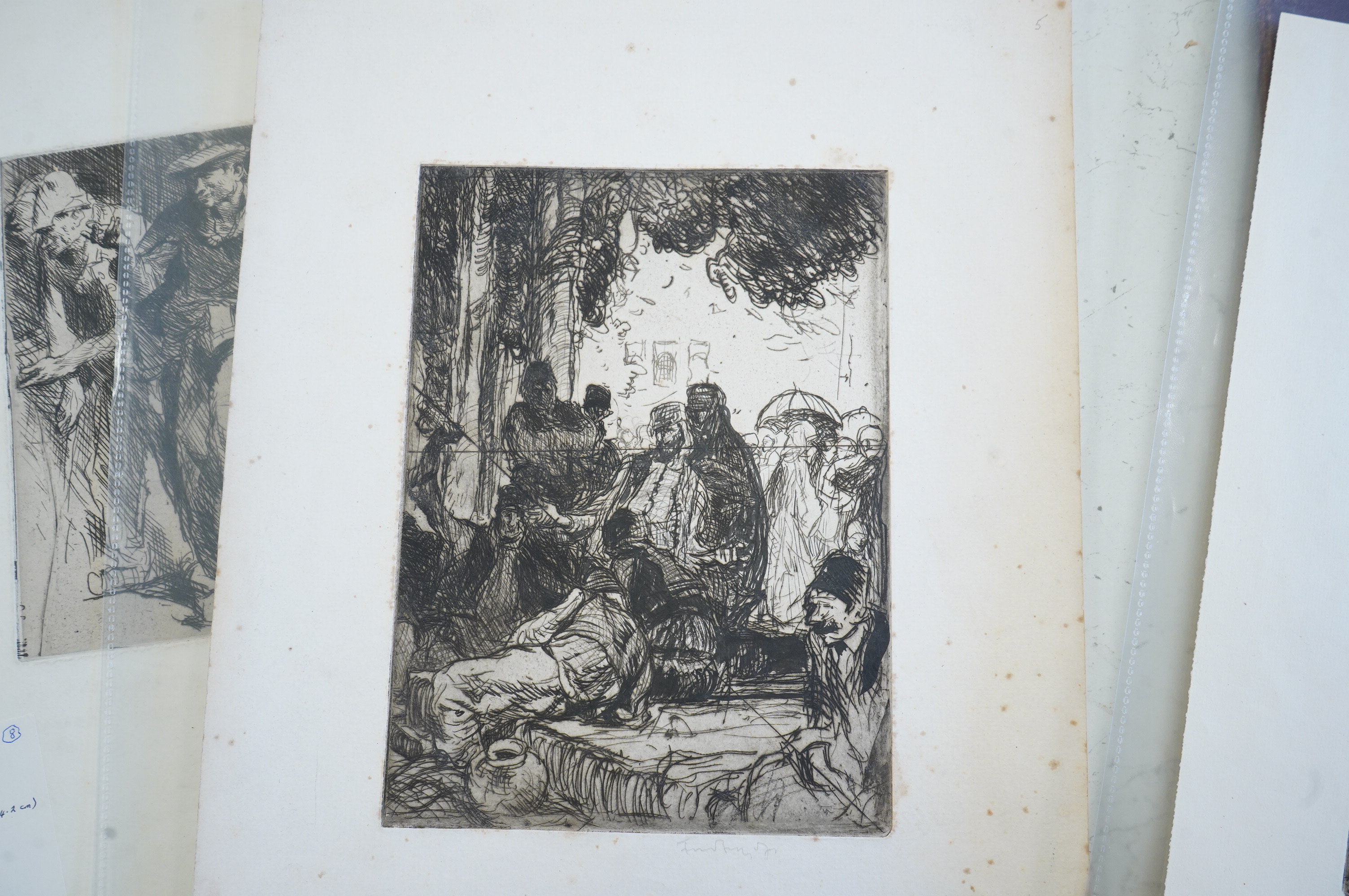 Frank Brangwyn RA RWS RBA (Welsh, 1867-1956), a collection of six etchings and prints, signed in pencil, to include 'The Show' and 'The Beggars', each unframed, largest 40 x 29cm